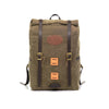 Front view of backpack fully packed to show expansion, and the two front leather lashing squares for additional leather straps to be added.