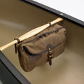 The Canoe Thwart Bag can be strapped onto any cross bar in a canoe.   This design allows the bag to hang down and be very accessible to the main double zippered pocket and a front slip pocket with a canvas flap closure.