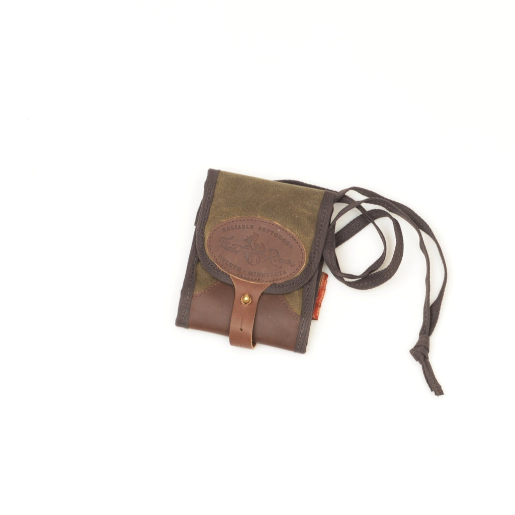 Small trifold wallet with cotton binding shoulder strap.