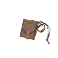 Small trifold wallet with cotton binding shoulder strap.