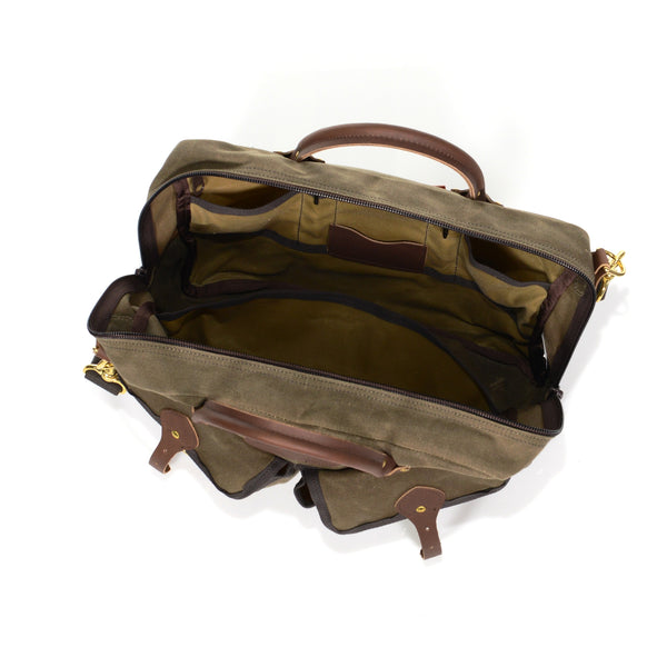 Brief bag open to show the multiple inside pockets and strong coil zipper.