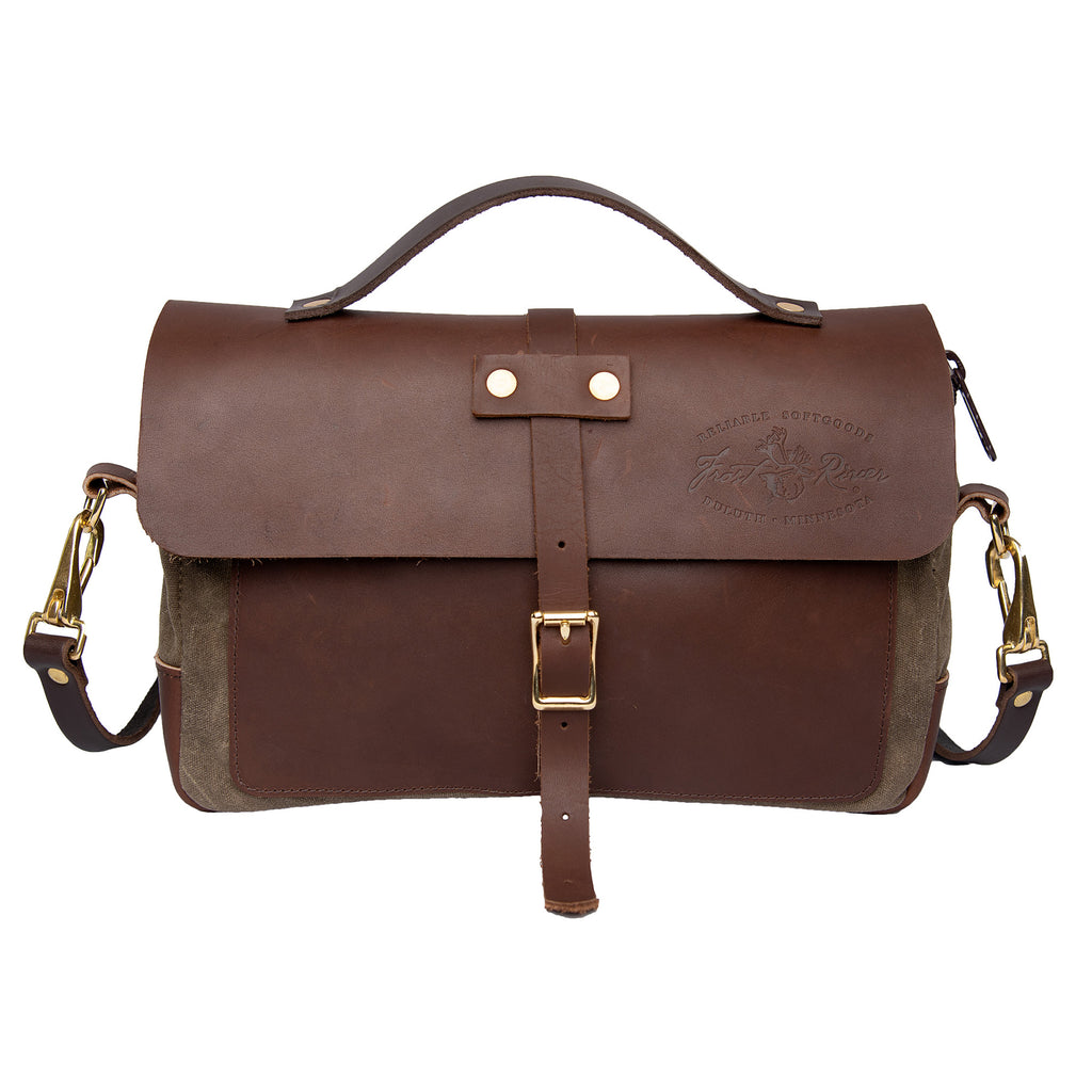 Unique small brief bag made with premium leather and solid brass attachments.