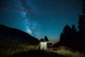 Canvas tent at night with mountains and the Milky Way in the background