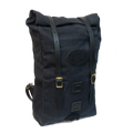 Front view of Heritage black version of backpack fully packed to show expansion capabilities waxed canvas with black leather straps 