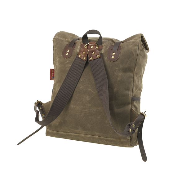 Back view of backpack hand rivited shoulder strap system with durable cotton webbed shoulder straps and leather straps to buckle very durable and secure design