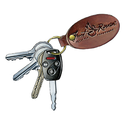 Our Keychain has a small leather oval with our logo burned right in the leather. Also has a small brass key ring on the end.